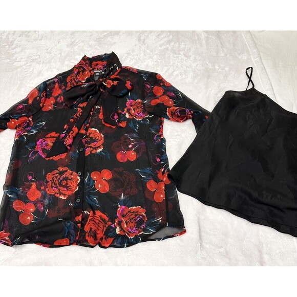 DKNY Black Red Floral Neck Bow Tie 3/4 Sleeve Semi-Sheer Blouse w/Camisole Sz M - Picture 13 of 16